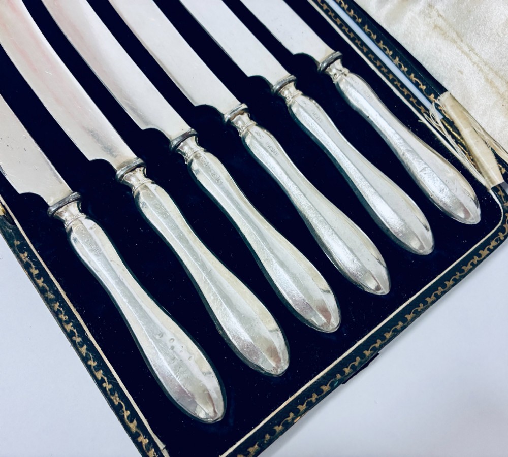 A set of six silver-handled butter knives presented in an open velvet- and silk-lined storage case. View III