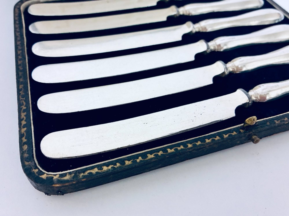A set of six silver-handled butter knives presented in an open velvet- and silk-lined storage case. View IV