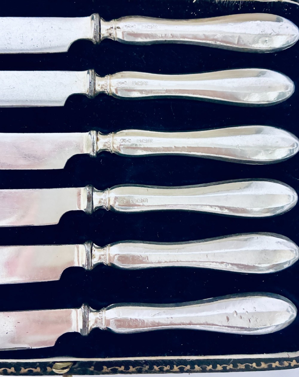 A set of six silver-handled butter knives presented in an open velvet- and silk-lined storage case. View V