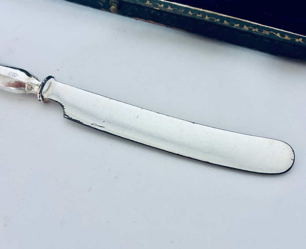 A set of six silver-handled butter knives presented in an open velvet- and silk-lined storage case. View VIII