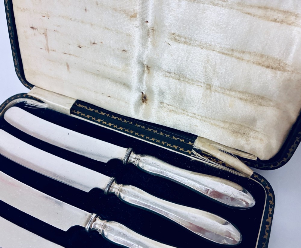 A set of six silver-handled butter knives presented in an open velvet- and silk-lined storage case. View IX