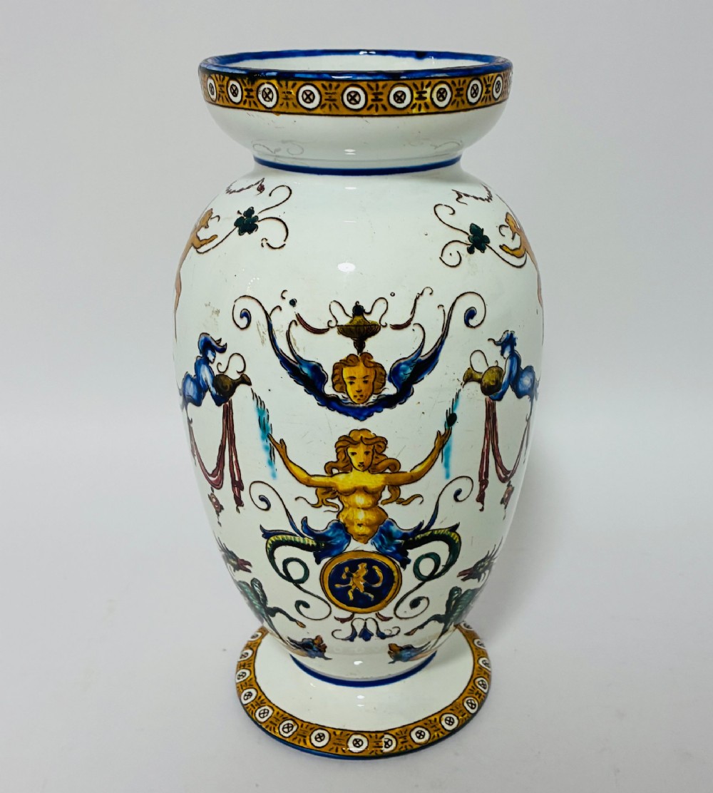 An antique Gien French faience ceramic vase decorated with hand-painted Renaissance grotesque motifs on a white glazed earthenware background. View III