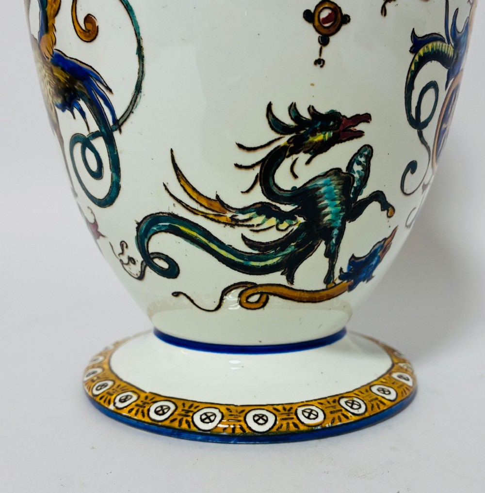 An antique Gien French faience ceramic vase decorated with hand-painted Renaissance grotesque motifs on a white glazed earthenware background. View VI