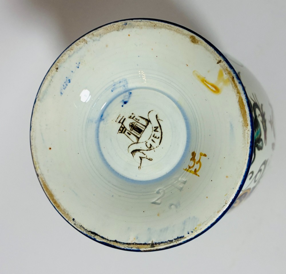 An antique Gien French faience ceramic vase decorated with hand-painted Renaissance grotesque motifs on a white glazed earthenware background. View VII