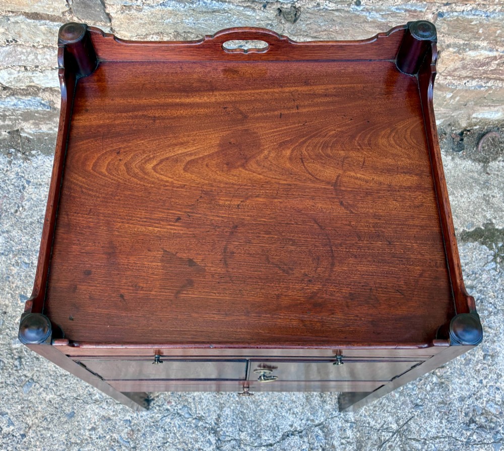 A Georgian mahogany tray top commode featuring a gallery top with pierced carrying handles, double cupboard doors, and a lower drawer on square legs. View III