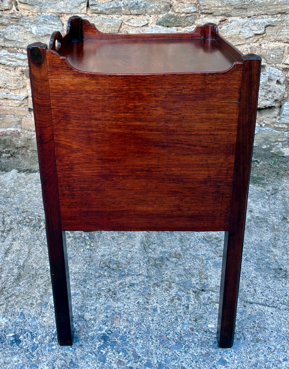 A Georgian mahogany tray top commode featuring a gallery top with pierced carrying handles, double cupboard doors, and a lower drawer on square legs. View XI