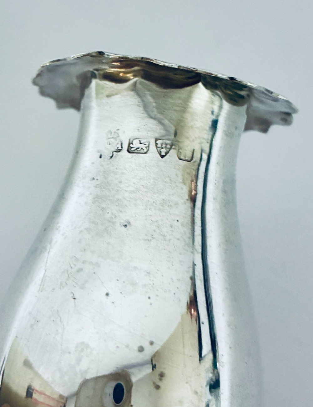 A three-piece silver cruet set comprising a pepper caster, open salt cellar, and mustard pot with a spoon, each resting on shell-adorned feet. View VII