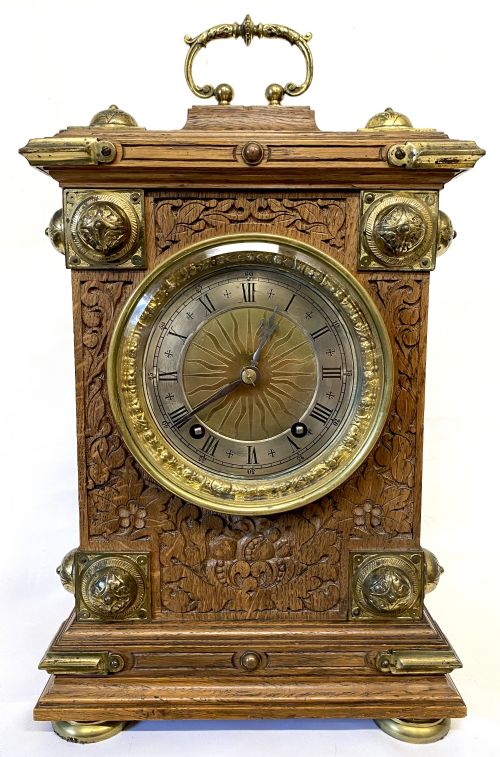 fig 2. Antique Carved Oak W & H Quarter Striking Ting Tang Bracket Clock Sunburst Mount Winterhalder & Hofmeier