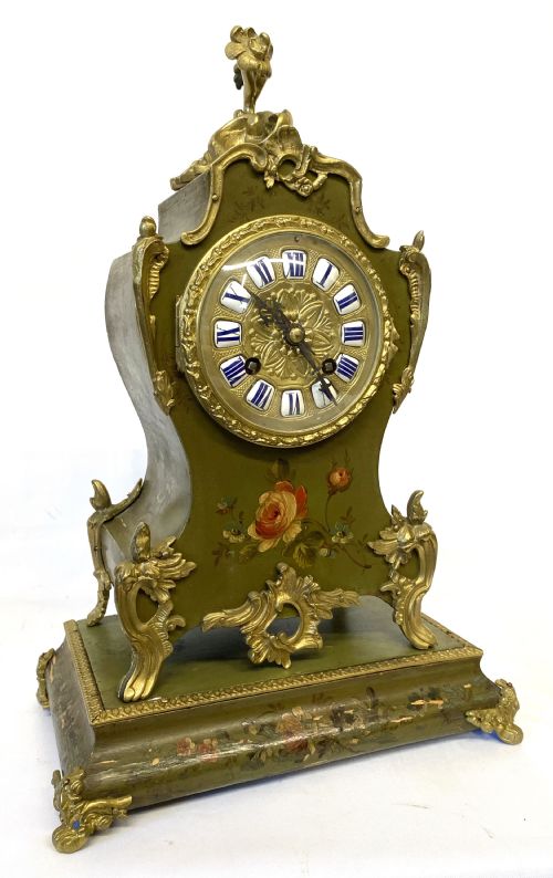 ANTIQUE ORMOLU FRENCH PAINTED MANTEL CLOCK ON STAND MARTI - ADDITIONAL PHOTO 3