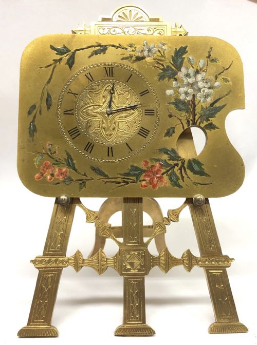 Antique Gilt Bronze and Painted Easel / Strut Clock Mg Laws London 1885