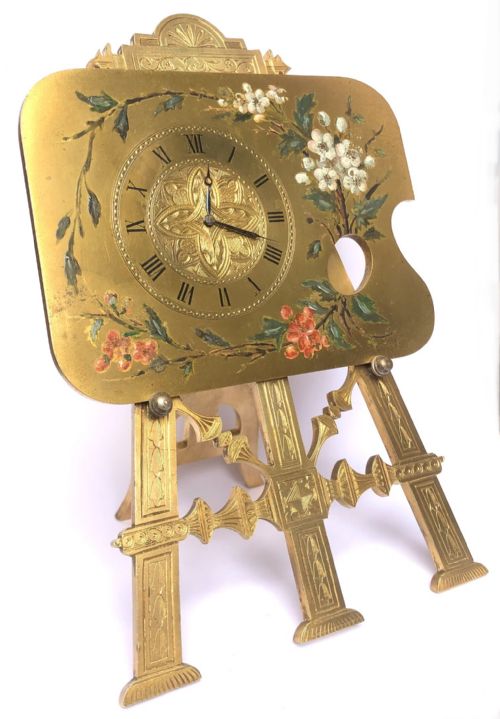 fig 1. Antique Gilt Bronze And Painted Easel / Strut Clock MG Laws London 1885