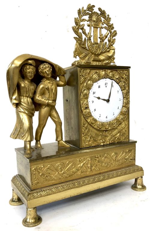 Antique French Miniature Gilt Bronze Ormolu Mantel Clock with Two Figures