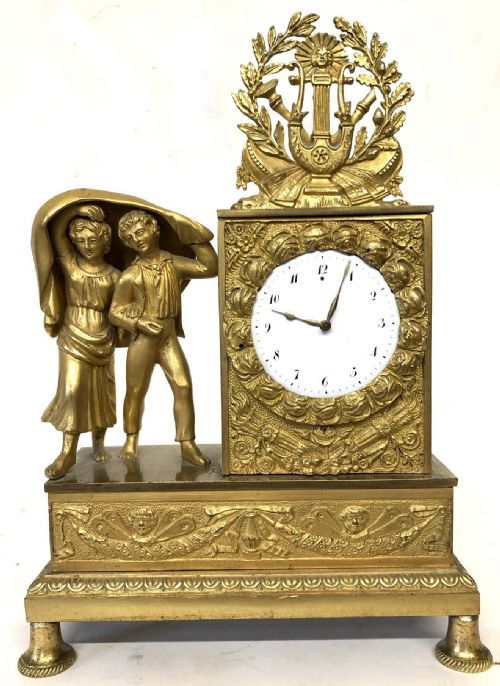fig 1. Antique French Miniature Gilt Bronze Ormolu Mantel Clock With Two Figures