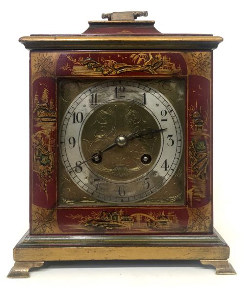 fig 1. Red Chinoiserie Chiming Bracket Mantel Clock Hand Painted With Brass Dial