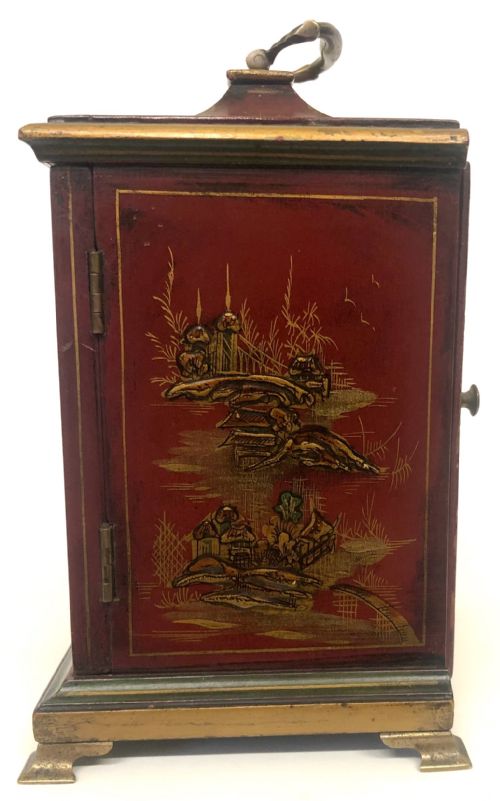 fig 2. Red Chinoiserie Chiming Bracket Mantel Clock Hand Painted With Brass Dial