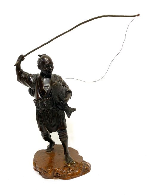 Antique Meiji Japanese Bronze Figure of a Fisherman Carrying Holding a Carp