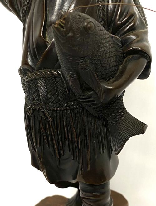 fig 1. Antique Meiji Japanese Bronze Figure Of A Fisherman Carrying Holding A Carp