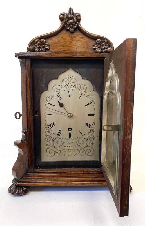 fig 2. Antique Rosewood Single Chain Fusee Library Clock With Carved Front and Shaped Dial
