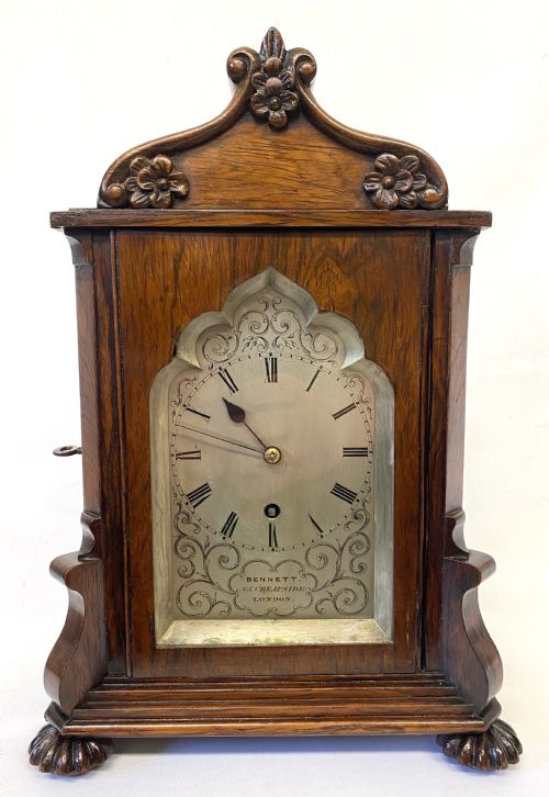 fig 3. Antique Rosewood Single Chain Fusee Library Clock With Carved Front and Shaped Dial