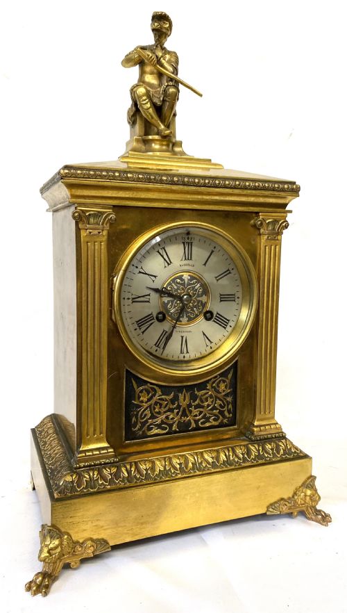 Antique Gilt Bronze Mantel Clock by Russels Liverpool with Soldier Figure