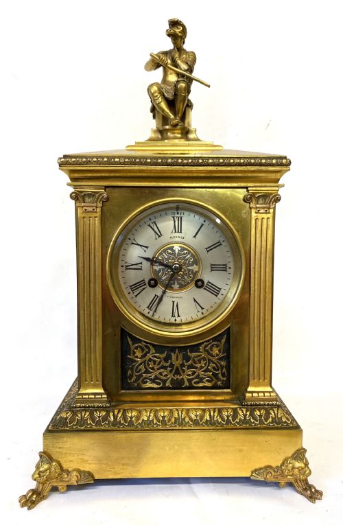 fig 1. Antique Gilt Bronze Mantel Clock By Russels Liverpool With Soldier Figure