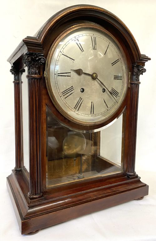 Antique Large Mahogany Library Mantel Clock with Bevelled Glass Panels by W & H