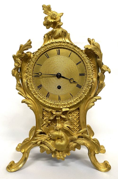 fig 1. Antique Chain Fusee Mantel Clock With Rococo Gilt Bronze Ormolu Case Floral Mounts