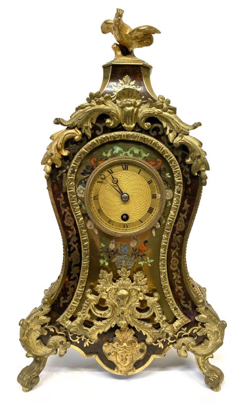 Antique Chain Fusee Tortoise Shell Clock with Boulle & Semi Presious Stone Inlay
