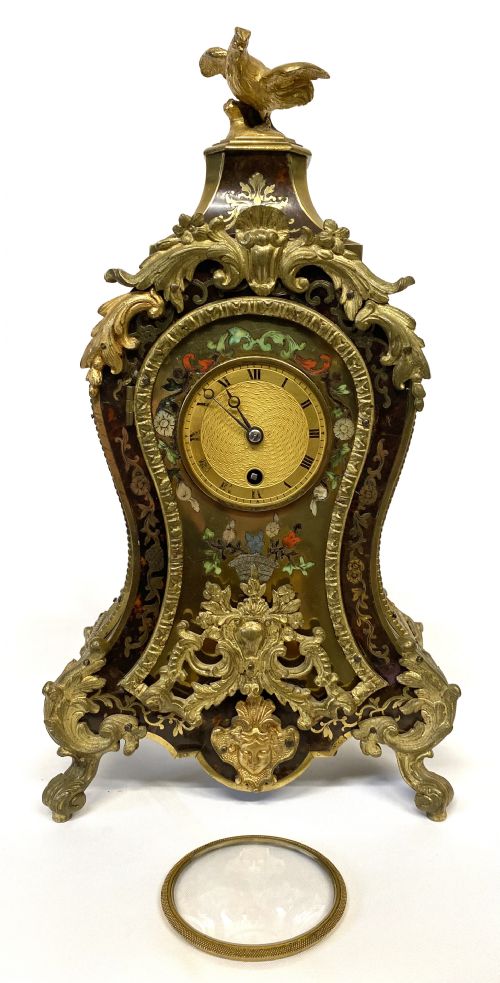 fig 1. Antique Chain Fusee Tortoise Shell Clock With Boulle & Semi Presious Stone Inlay