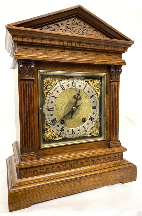 Antique Oak Architectural Mantel Clock by W&h Retailed by Russels Ltd Liverpool