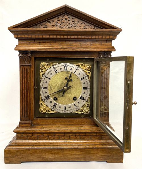 fig 1. Antique Oak Architectural Mantel Clock By W&H Retailed By Russels Ltd Liverpool