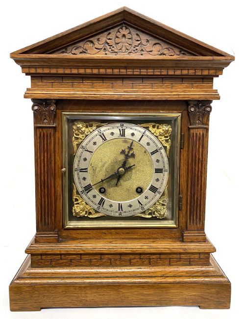 fig 2. Antique Oak Architectural Mantel Clock By W&H Retailed By Russels Ltd Liverpool