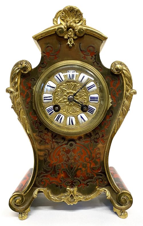fig 1. Antique Shaped Boulle Mantel Clock Brass Inlaid Red Shell With Ormolu Mounts