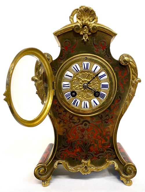 fig 2. Antique Shaped Boulle Mantel Clock Brass Inlaid Red Shell With Ormolu Mounts