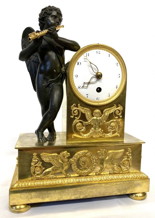 fig 2. Antique Regency Gilt Bronze Single Fusee Mantel Clock With Bronze Putti with Ormolu Mounts