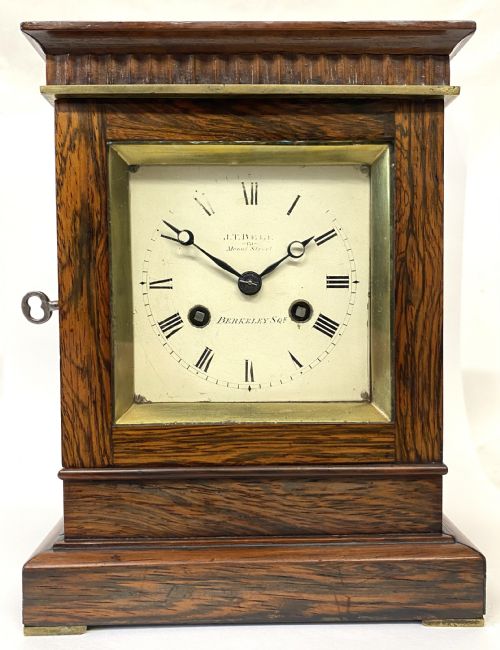 fig 1. Antique Rosewood Campaign Library Clock With Brass Carry Handle By J.T. Bell