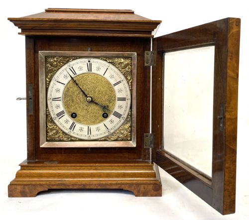 fig 1. Antique Burr Walnut Mantel Clock By Lenzkirch With Quarter Striking Ting Tang Movement