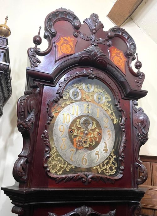 fig 1. Antique Carved and Inlaid CHIPPENDALE REVIVAL Three Train Musical Longcase Clock