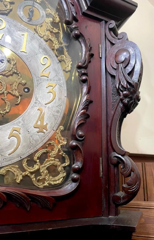 fig 2. Antique Carved and Inlaid CHIPPENDALE REVIVAL Three Train Musical Longcase Clock