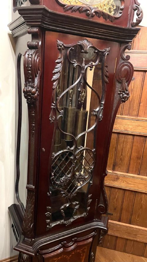 fig 3. Antique Carved and Inlaid CHIPPENDALE REVIVAL Three Train Musical Longcase Clock