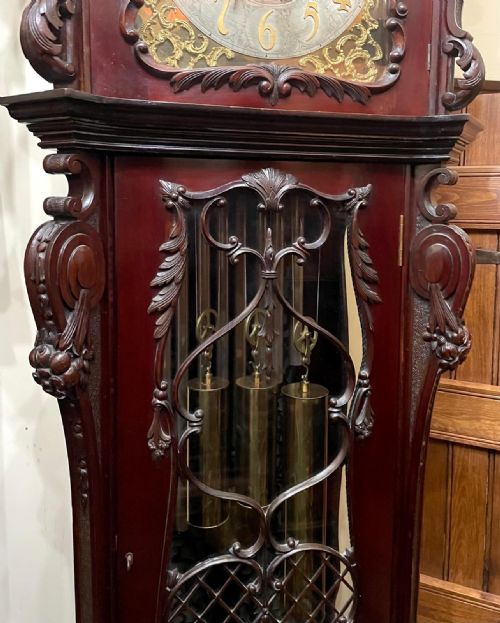 fig 4. Antique Carved and Inlaid CHIPPENDALE REVIVAL Three Train Musical Longcase Clock