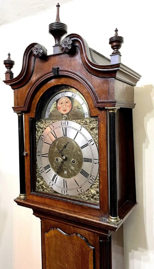 ANTIQUE ROLLING MOON OAK MAHOGANY LONGCASE GRANDFATHER CLOCK STANYER NANTWICH - ADDITIONAL PHOTO 3