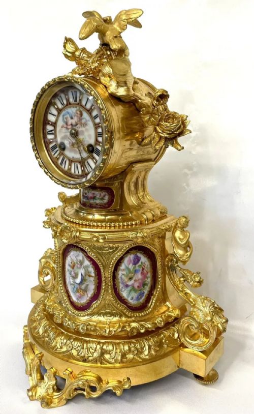 fig 1. Antique JAPY FRERES Ormolu Bronze & Serves Panels Mantel Clock : PETERS BRISTOL