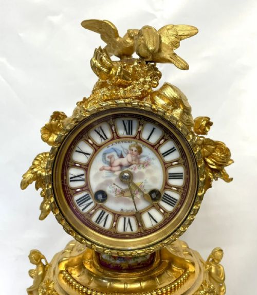 fig 4. Antique JAPY FRERES Ormolu Bronze & Serves Panels Mantel Clock : PETERS BRISTOL