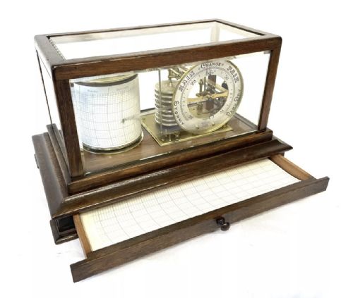 ANTIQUE OAK BEVELLED GLASS BAROGRAPH WITH BAROMETER DIAL BAINES HARROGATE - ADDITIONAL PHOTO 21