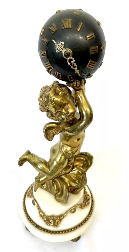 ANTIQUE FRENCH ORMOLU BRONZE MARBLE FIGURAL GLOBE CLOCK CLEANED SERVICED - ADDITIONAL PHOTO 1