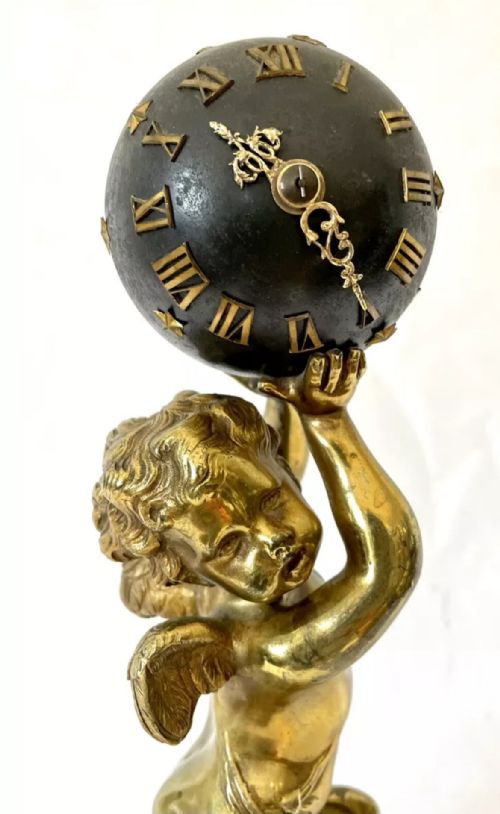 ANTIQUE FRENCH ORMOLU BRONZE MARBLE FIGURAL GLOBE CLOCK CLEANED SERVICED - ADDITIONAL PHOTO 2