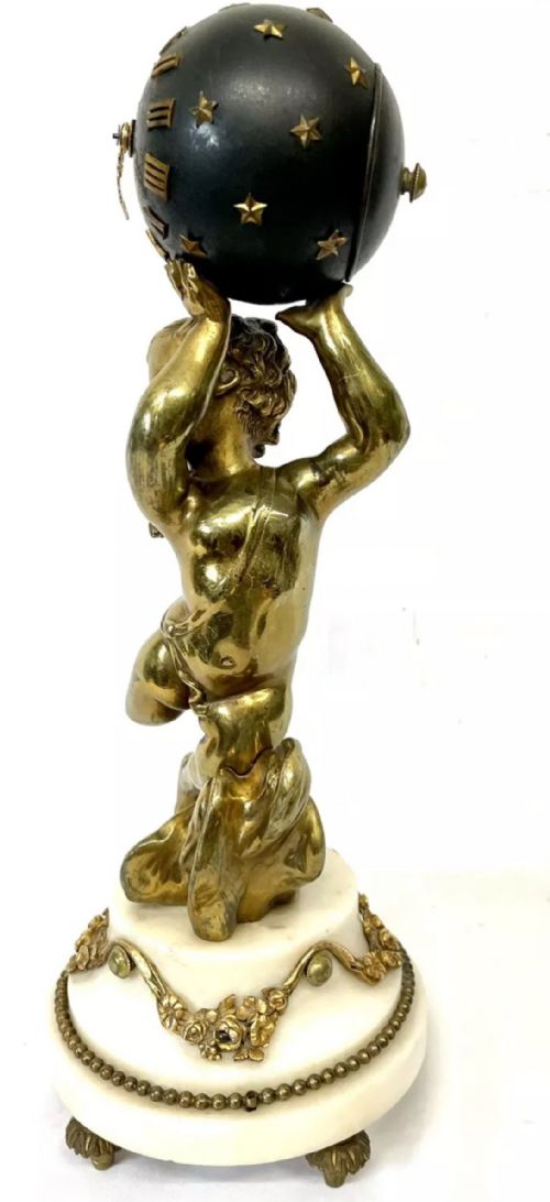 ANTIQUE FRENCH ORMOLU BRONZE MARBLE FIGURAL GLOBE CLOCK CLEANED SERVICED - ADDITIONAL PHOTO 4