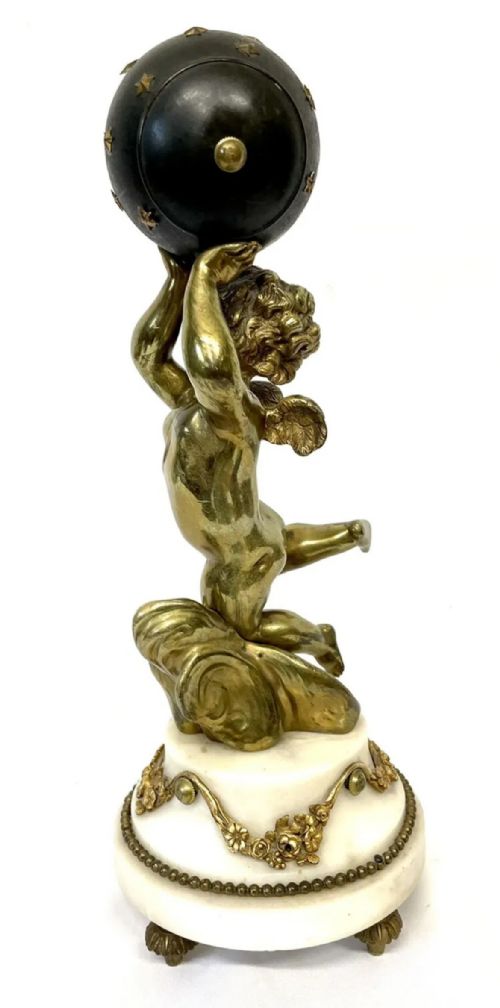 ANTIQUE FRENCH ORMOLU BRONZE MARBLE FIGURAL GLOBE CLOCK CLEANED SERVICED - ADDITIONAL PHOTO 5
