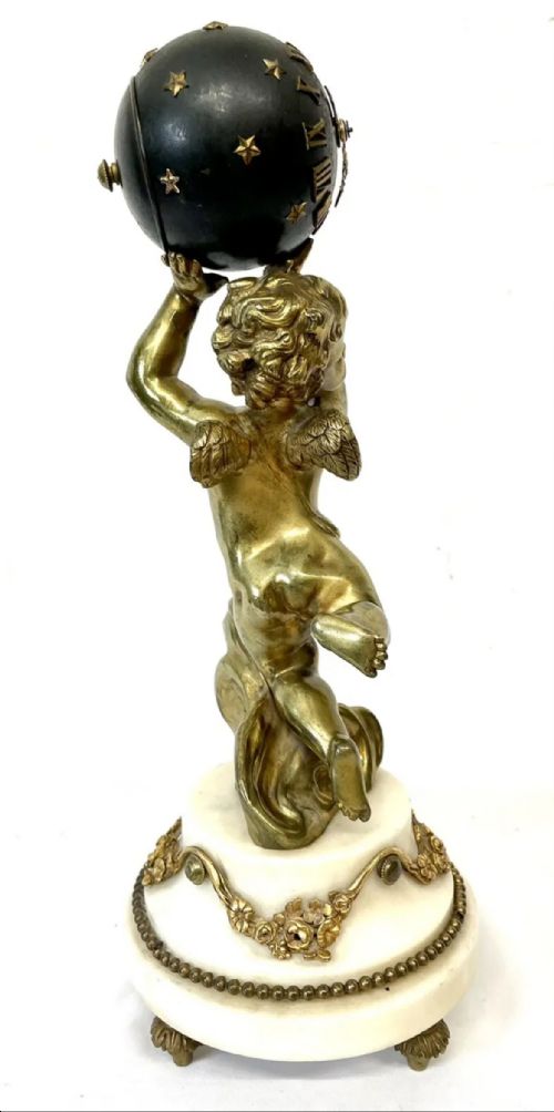 ANTIQUE FRENCH ORMOLU BRONZE MARBLE FIGURAL GLOBE CLOCK CLEANED SERVICED - ADDITIONAL PHOTO 6